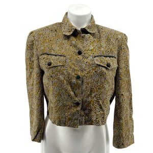 Vintage Olive Green Cropped Shirt Jacket M Floral Paisley Button Front Light